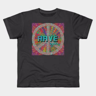 Rave 2023 text on Peace Sign Kids T-Shirt